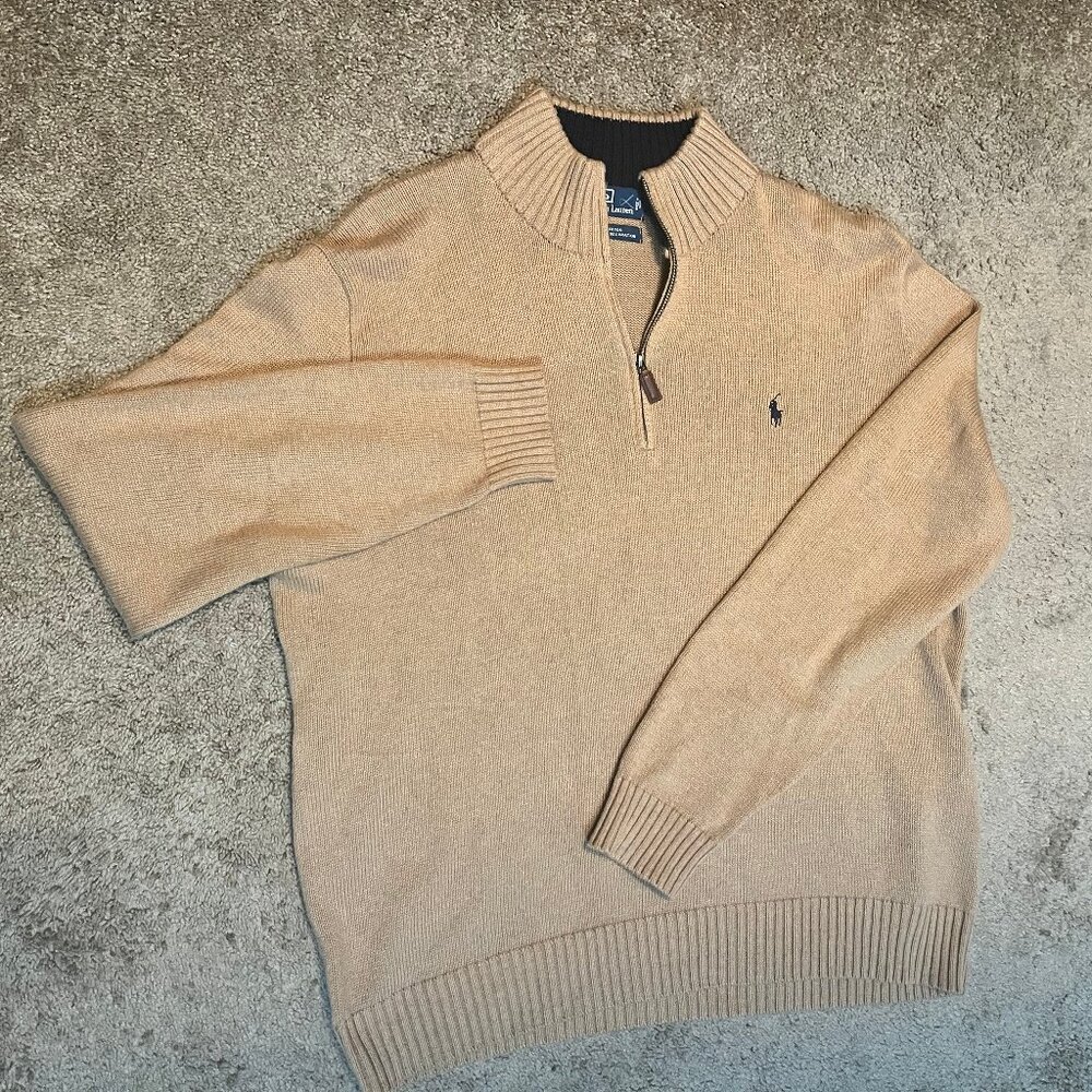 Men's Polo Ralph Lauren Camel 100% Cotton Quarter Zip Sweater Size XL